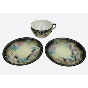 Vintage Dragonware Moriage Teacup and 2 Saucers Hand Painted Japan Blue Eyes 3D